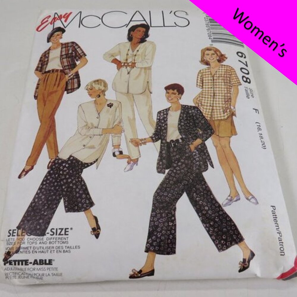 McCalls 6708 Sewing Pattern EASY UNCUT Cardigan-Jacket, Top, Pants, Culottes